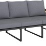 Loungegruppe Folkston: 3-Sitzer Sofa mit grauen Kissen, Aluminiumrahmen und Akazienholz-Armlehnen.
