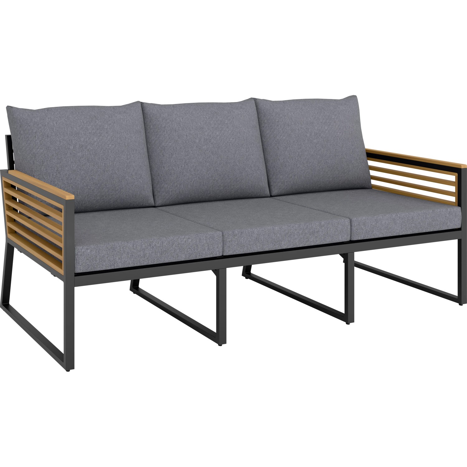 Loungegruppe Folkston: 3-Sitzer Sofa mit grauen Kissen, Aluminiumrahmen und Akazienholz-Armlehnen.