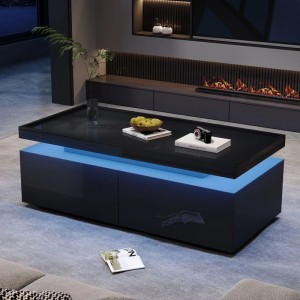 Schwarzer Hochglanz Couchtisch mit blauer LED-Beleuchtung, zwei Schubladen und erhöhter Tischplatte für modernes Wohnzimmer.