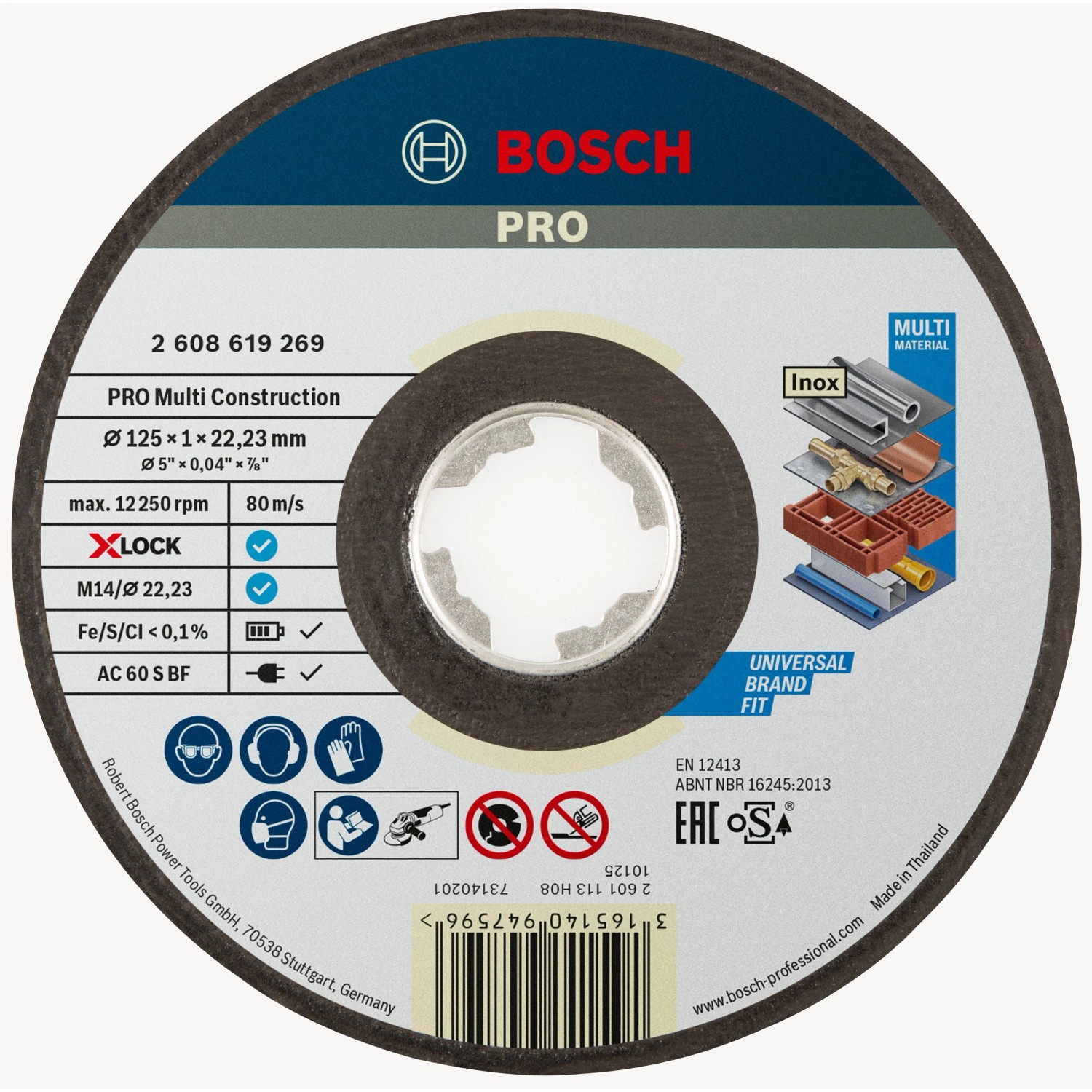 Runde Bosch X-Lock Trennscheibe Multi Material Ø 125 mm für Winkelschleifer. Schneidet Metall, Stein, Inox.