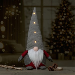 OBI Weihnachtswichtel 55 cm, grau-rot, mit weißem Bart und LED-beleuchteter Mütze für gemütliche Weihnachtsdekoration.