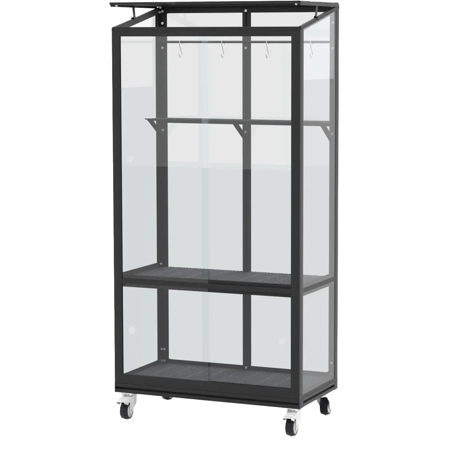 Schwarzes Vitavia Polis Balkongewächshaus mit ESG Glas, Rollen und Regal. Ideal für den Balkon.