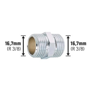 Verchromter Gewinde-Nippel (R 3/8) aus Messing für Trinkwasser- und Heizungsrohrleitungen.