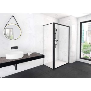 Aurlane Glasdusche Factory Front, 80x120x200 cm, mit schwarzem Rahmen im modernen Badezimmer.