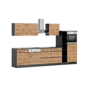 Moderne Küchenzeile Turin 330 cm in Wotaneiche-Graphit mit E-Geräten wie Backofen, Kochfeld und Geschirrspüler.