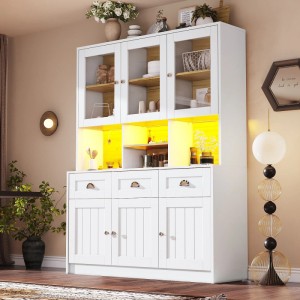 okwish Vitrinenschrank mit LED-Beleuchtung Verstellbare Ablagen Küche 140x40x175cm Weiß