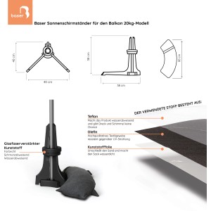 Baser Sonnenschirmständer für Balkon, 20 kg, dunkelbraun. Platzsparendes Design mit Sandsack.
