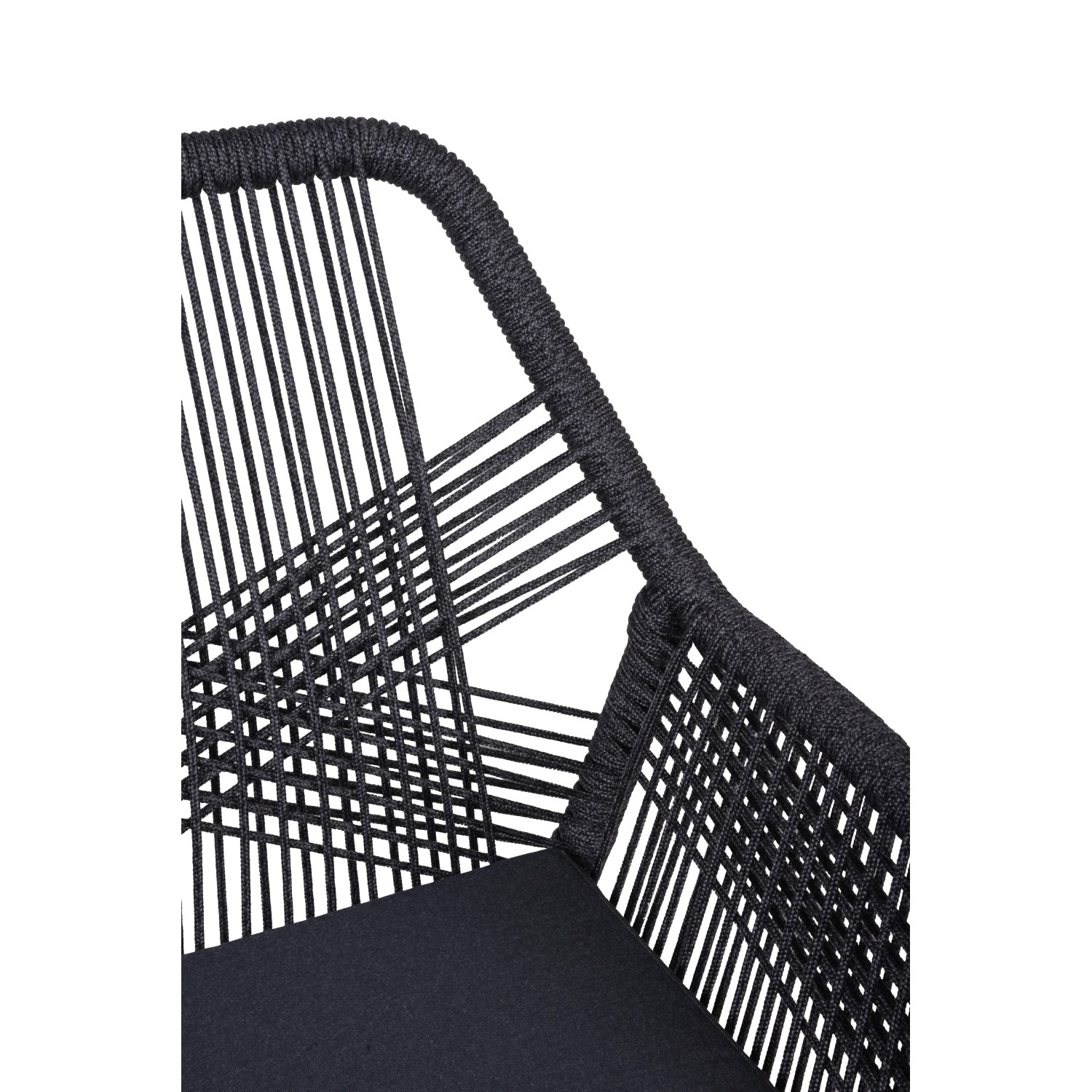 Detailansicht: Anthrazit-brauner Garden Pleasure Stuhl Pomona aus Akazienholz mit Seilbespannung.