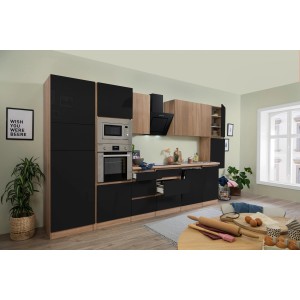 Respekta Premium Küchenzeile 395cm in Schwarz und Eiche NB mit E-Geräten.