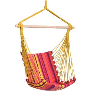 Amazonas Hängesitz Belize Vulcano, gestreift, mit gelben Seilen und Holzstab.