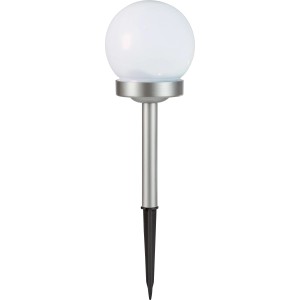 Weiße Solar-Dekokugel mit silbernem Spieß für den Garten. Solarleuchte mit Erdspieß.