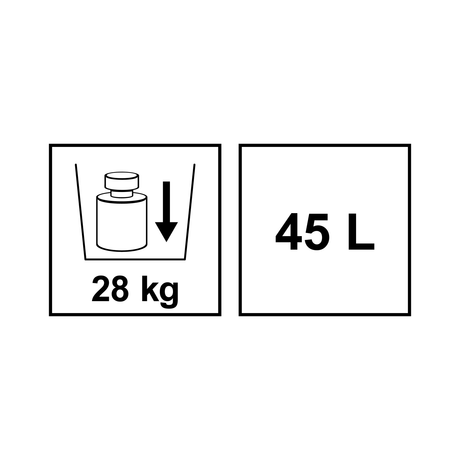 Piktogramm: Filzholztrage Grau eckig, Füllmenge 45L, max. 28kg Traglast.