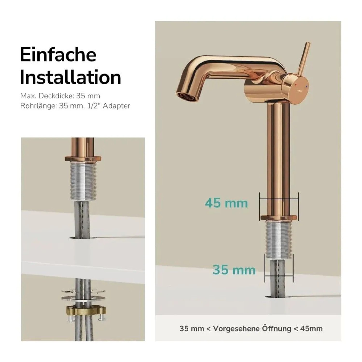 Installationsschema der roségoldenen Emke Waschtischarmatur mit Maßen für Lochdurchmesser und Deckdicke.