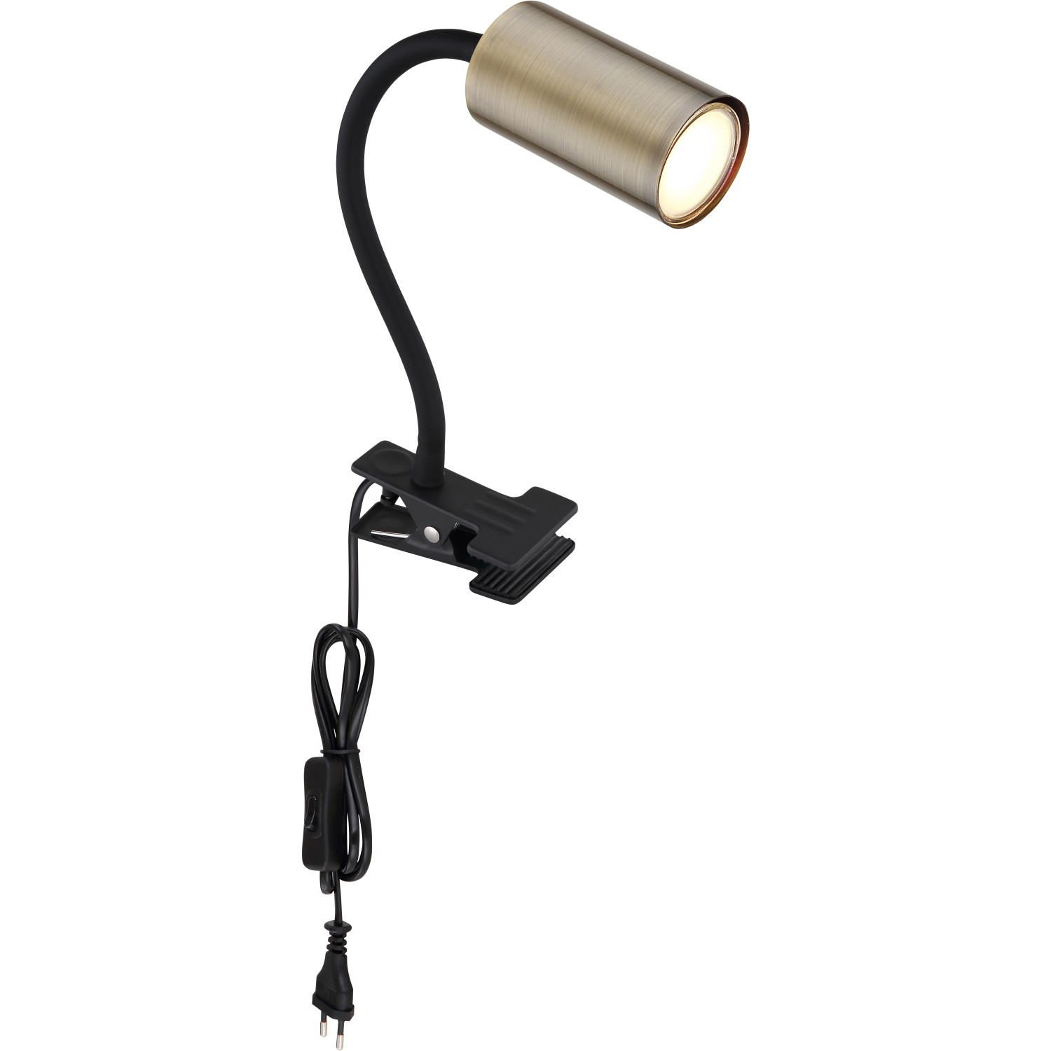 Schwarze Globo Klemmleuchte Robby mit Flexarm und altmessingfarbenem Lampenkopf.