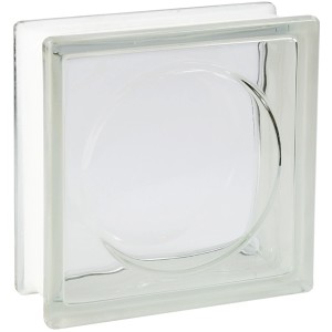 Quadratischer, klarer Fuchs Glasstein Alpha Rund, 19x19x8 cm, mit rundem Designelement.