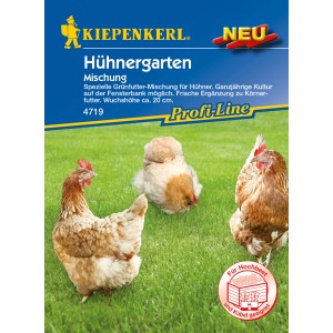 Kiepenkerl Hühnergarten Futtermischung mit Hühnern auf einer Wiese.