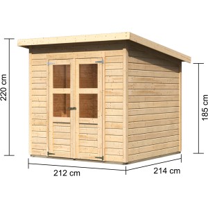 Karibu Holz-Gartenhaus Neuenburg 2, naturbelassen, mit Doppeltür und Pultdach. Maße: 208x210 cm.