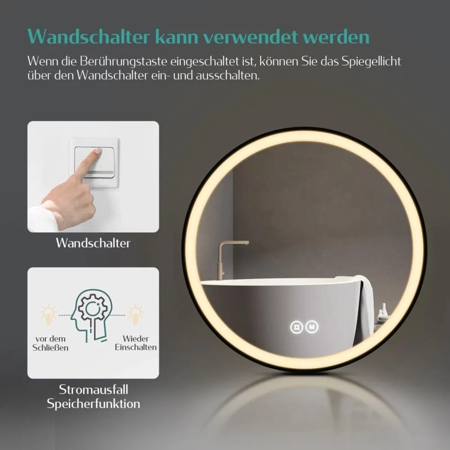Runder Emke Badspiegel mit LED-Beleuchtung, zeigt Wandschalter-Steuerung und Speicherfunktion für 3 Farbtemperaturen.