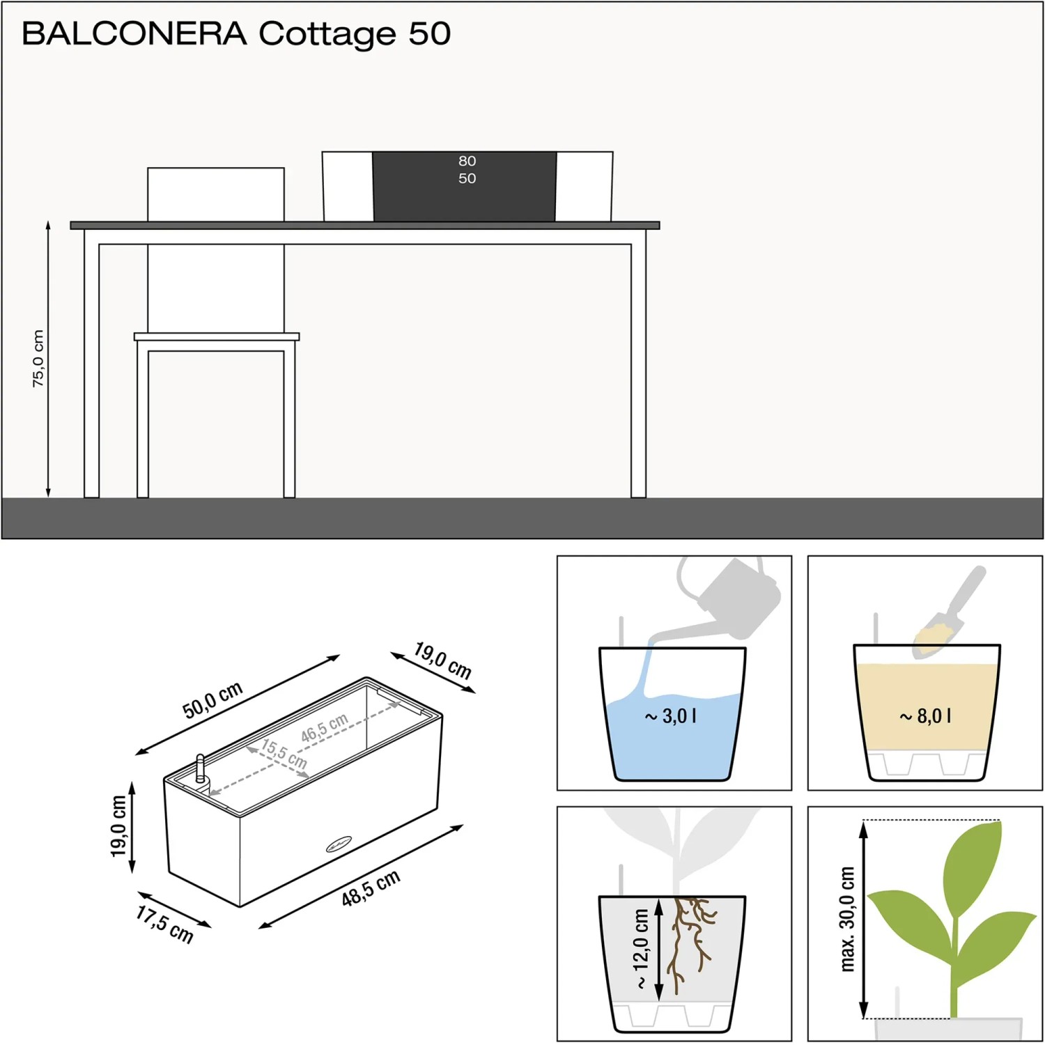 Lechuza Balconera Cottage 50, Graphitschwarz, Schema mit Maßen und Füllmengen.