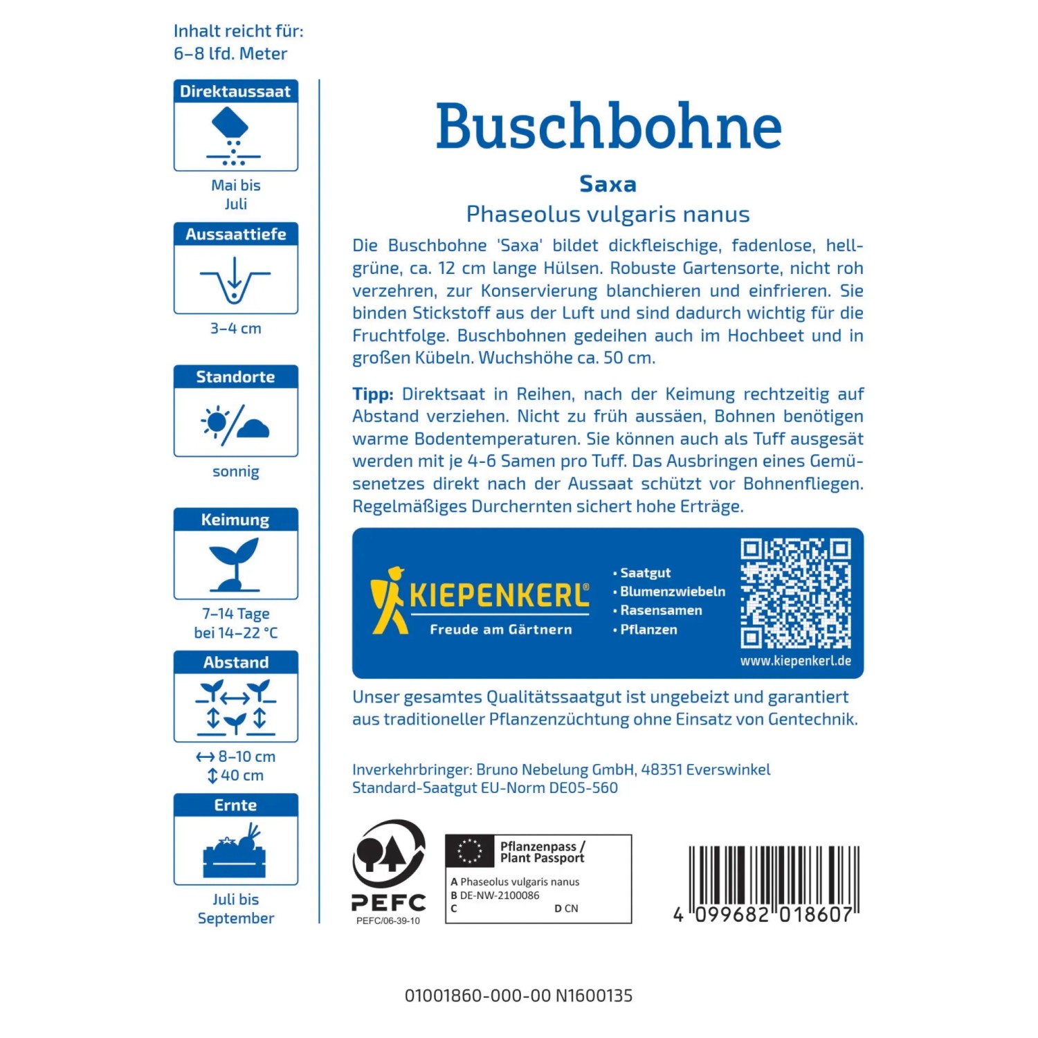 Samentüte Kiepenkerl Buschbohne Saxa: Grüne Bohnensamen für den Garten.
