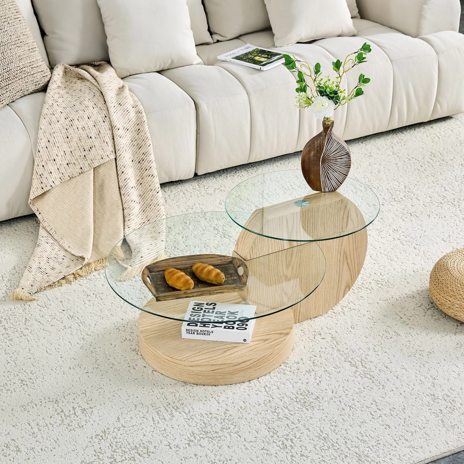 okwish Couchtisch mit Glas und Zwei Ebenen für Wohnzimmer 90x70x44 cm Natur_2