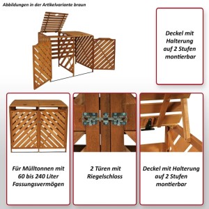 Braune MCW Mülltonnenbox J44 für zwei Tonnen (60-240L) mit abschließbaren Türen und Deckelhalterung.