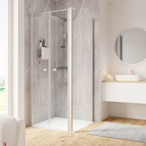 Schulte ExpressPlus Pendeltür mit Seitenwand, Alu-Natur, 200x90 cm. Duschtür im modernen Badezimmer.