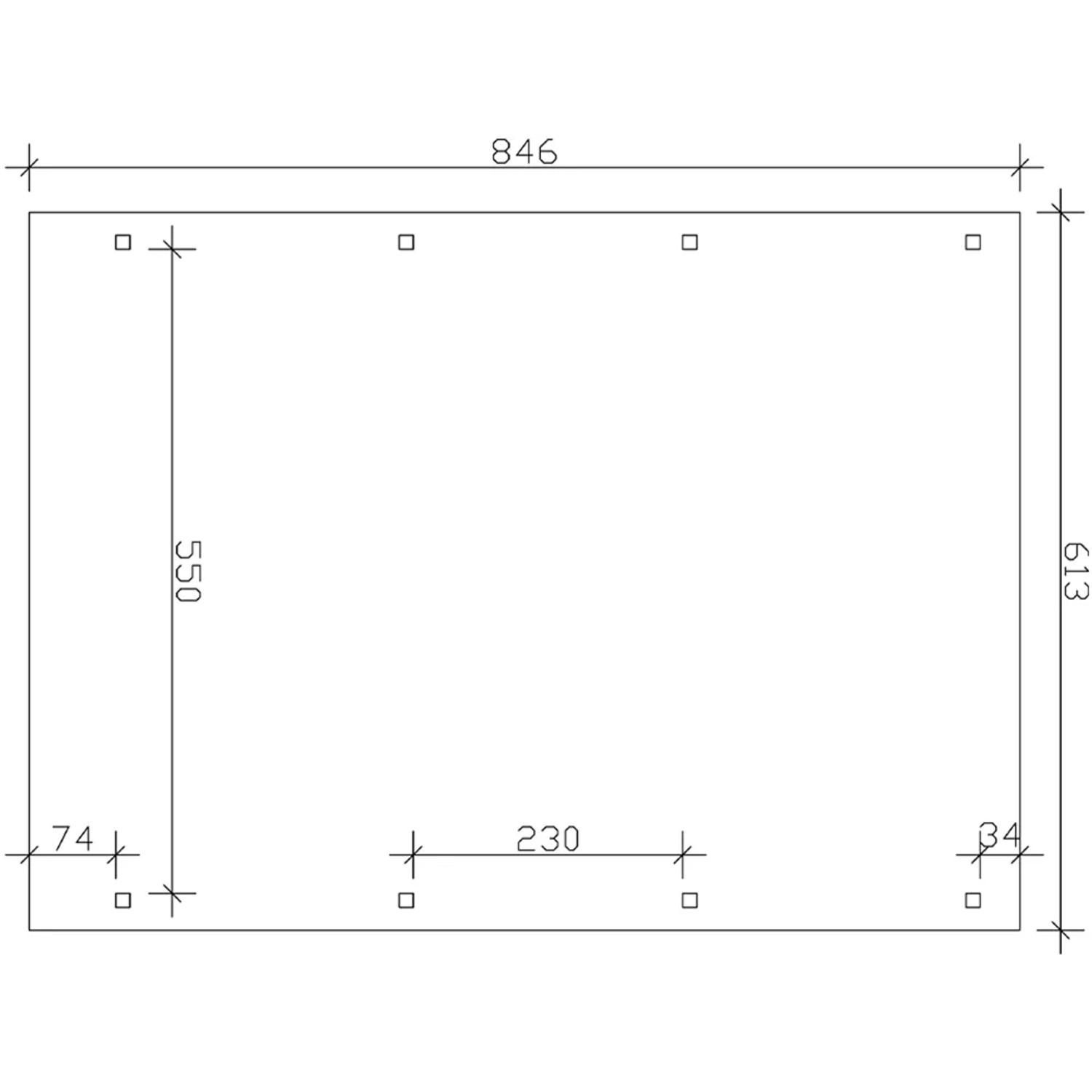 Technische Zeichnung: Skan Holz Carport Emsland, Maße 613x846cm, Eiche hell. Details zu Pfosten und Abständen.