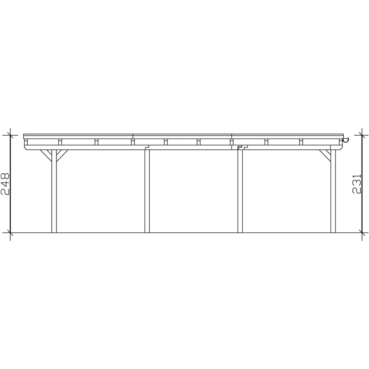 Technische Zeichnung: Skan Holz Carport Emsland Doppelcarport, Eiche hell, Seitenansicht mit Maßen.