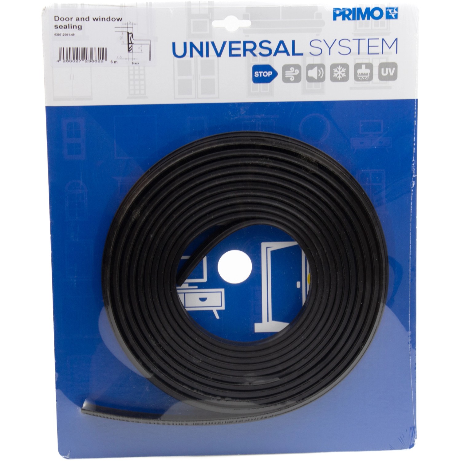 Primo Dichtung für Holzfenster und Türen, schwarz, 4-5mm x 6m, auf blauer Verpackung.