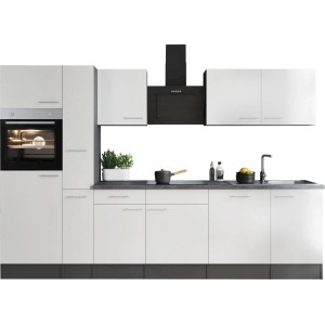 Weiße Respekta Küchenzeile Oliver 310 cm mit Elektrogeräten und Arbeitsplatte in Granitoptik.
