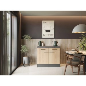 Modernes Respekta Sideboard Oliver 100 cm mit Artisan Eiche Fronten, Granit-Arbeitsplatte und schwarzen Griffen in Küche.