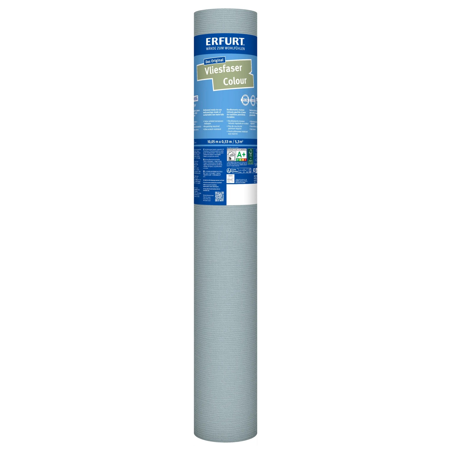 Rolle Erfurt Vliesfaser Colour 302-7, hellblaue, farbige Vliestapete.