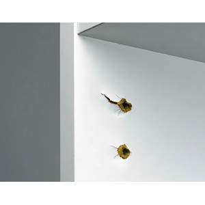 Beschädigte Möbelplatte mit ausgerissenen Bohrlöchern für ein Scharnier. Reparatur mit Hettich Reparaturblech möglich.