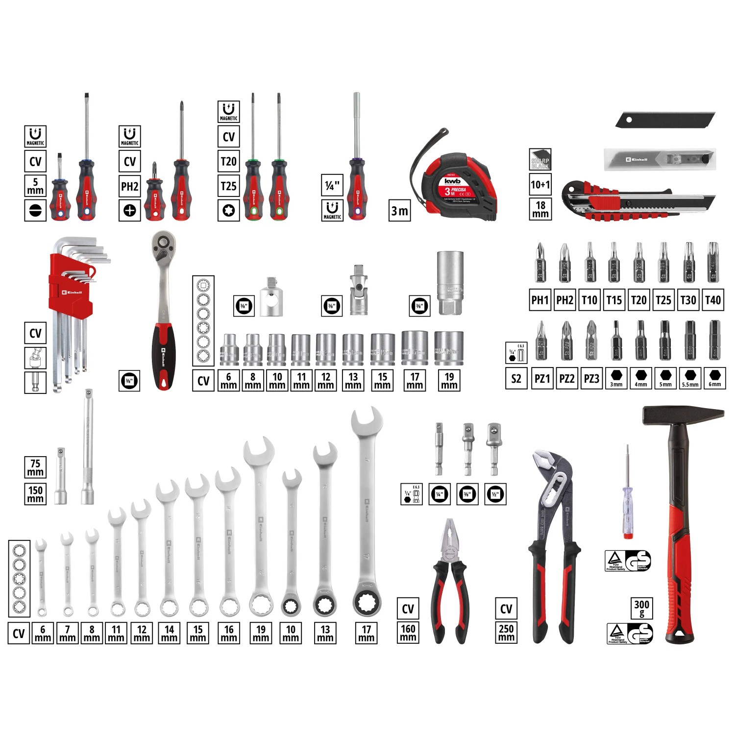 Einhell Werkzeugkoffer E-Case, 80-teilig, mit Hammer, Schraubenschlüssel, Zangen, Bits und vielem mehr.