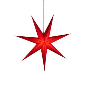 Roter Papierstern mit 7 Zacken, beleuchtet, als Weihnachtsdekoration für den Innenbereich.