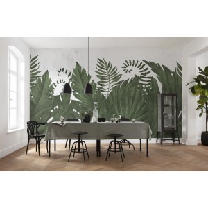 Komar Vliestapete Botanic Harmony mit üppigem Farn-Blätter-Motiv im Esszimmer.