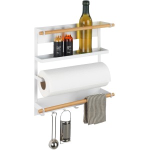 Wenko Küchenregal Magna, weißes Magnetregal mit Ablagen, Papierrollenhalter und Haken für Küchenhelfer.