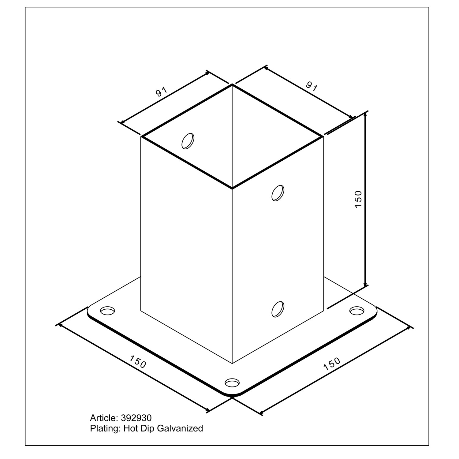 Feuerverzinkte Aufschraubhülse 150x91x91 mm für 90 mm Pfosten, ideal für den Außenbereich.