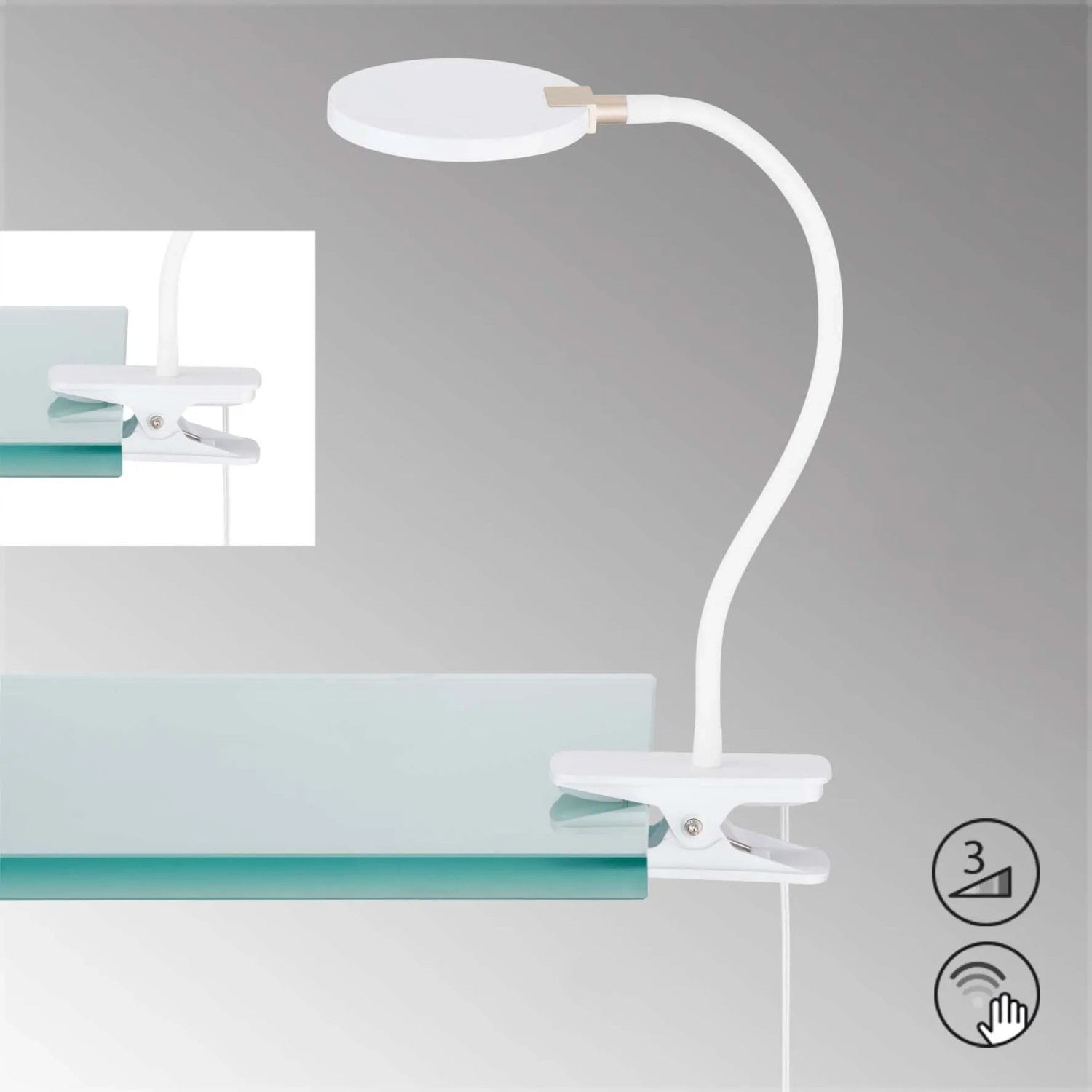 Weiße LED Klemmleuchte Luiz von Fischer & Honsel, flexible Schreibtischlampe mit Klemme und Touchdimmer.