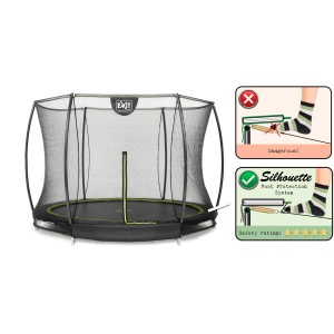 Schwarzes EXIT Silhouette Bodentrampolin D427cm mit Sicherheitsnetz und Fußschutzsystem.
