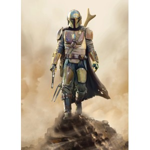Komar Vlies Fototapete Star Wars Mandalorian Hunter, Figur in Rüstung auf Sandhügel.
