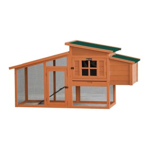 Braunes Zipper Hühnerhaus ZI-CC2 aus Holz mit grünem Dach, Freilaufgehege und Hühnerleiter.