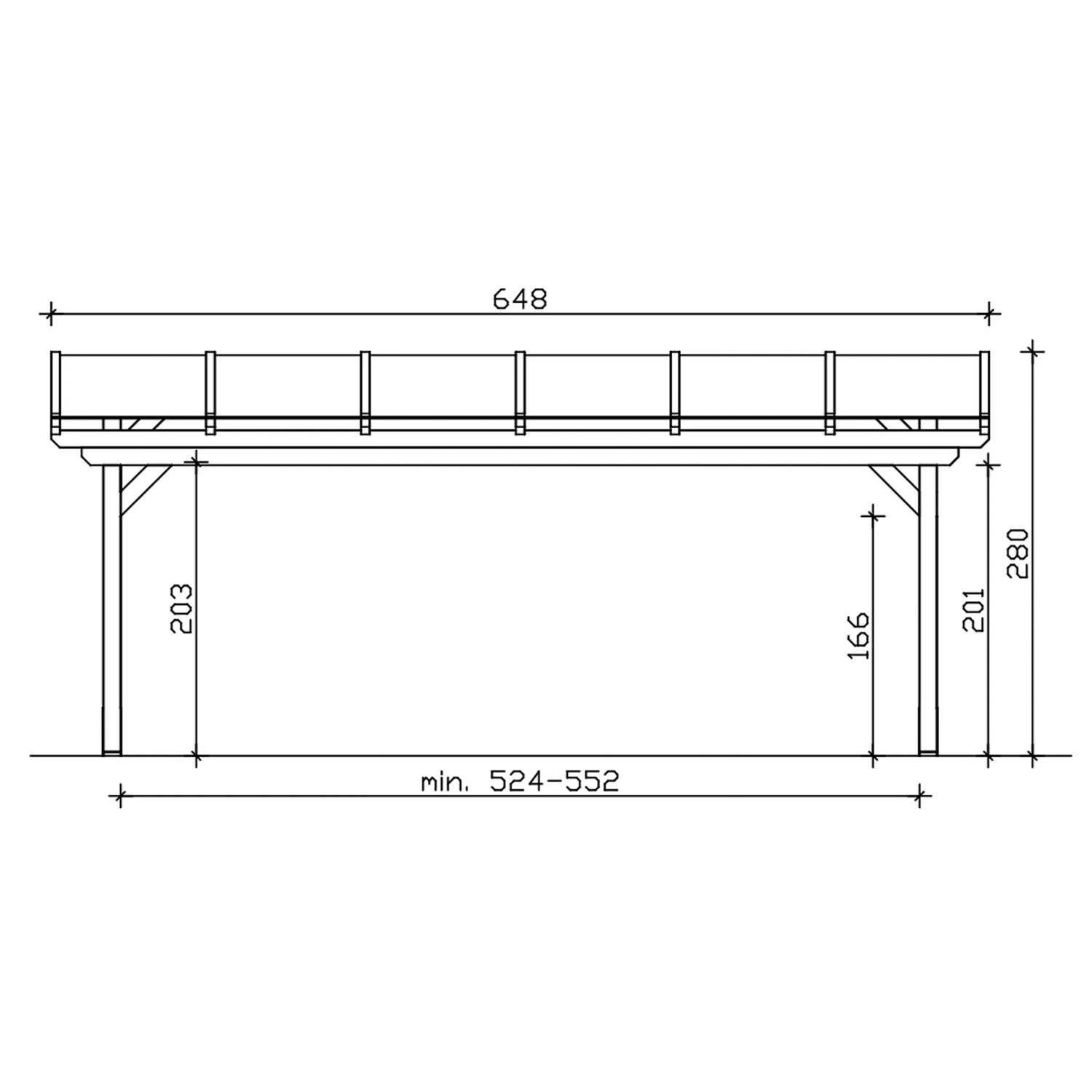 Technische Zeichnung der Skan Holz Terrassenüberdachung Sanremo, Maße: 648 x 350 cm.