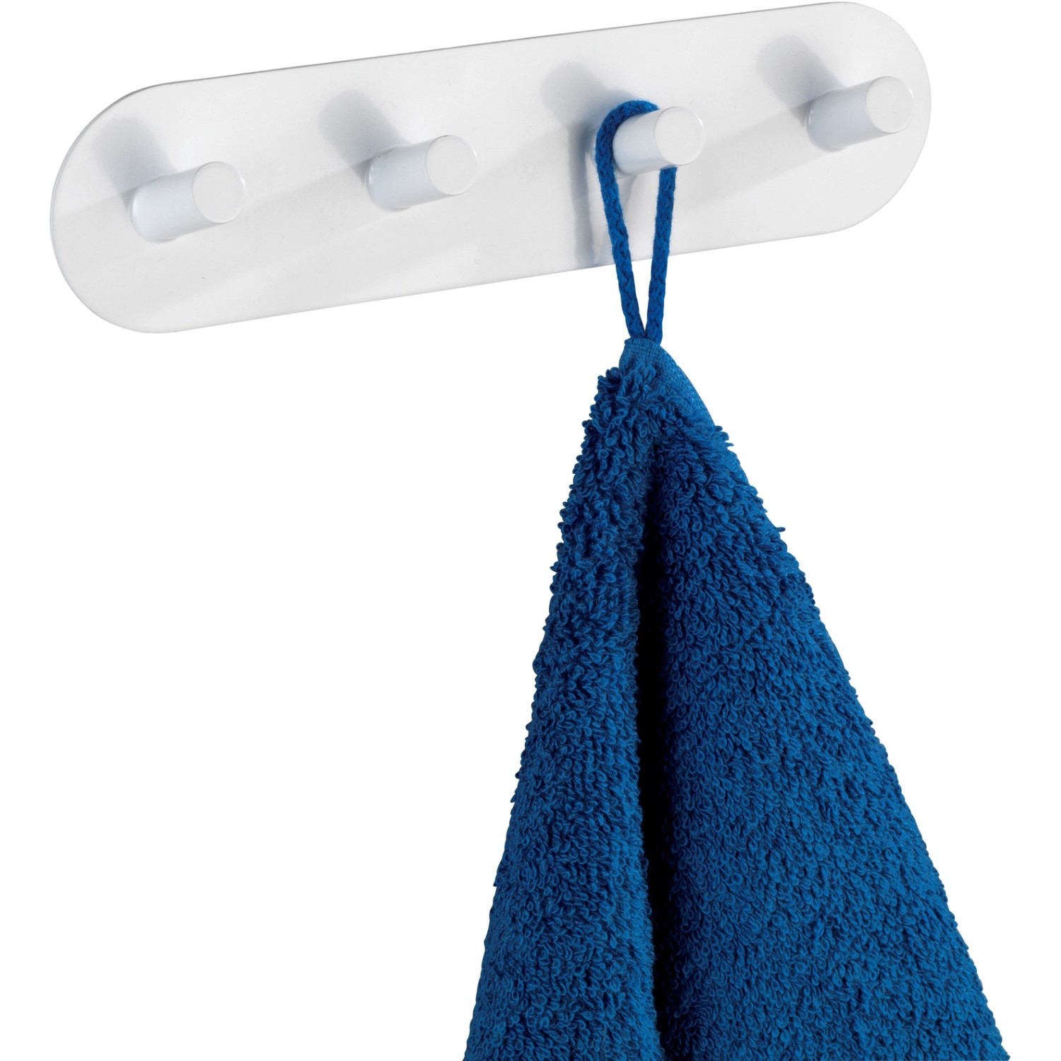 Wenko Hakenleiste Piceno Quadro, weiße Handtuchhalter-Leiste mit 4 Haken und blauem Handtuch.
