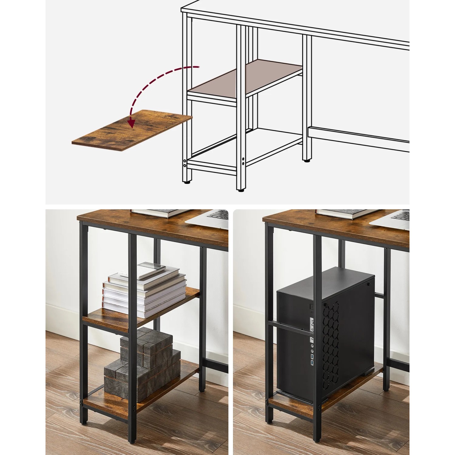Vasagle Schreibtisch mit 2 Ablagen, braun-schwarz, ideal fürs Home-Office. Flexibel durch herausnehmbare Ablage.
