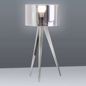 Näve Design-Tischleuchte Tripod Chrom, 61,5 cm hoch, mit 3-Bein-Gestell und klarem Lampenschirm.