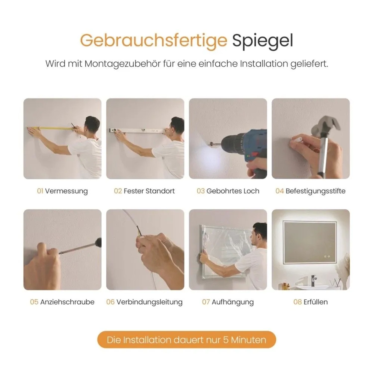 Installationsanleitung für Emke LED-Badspiegel: 8 Schritte zur einfachen Montage mit Zubehör, Bohren und Verkabeln.