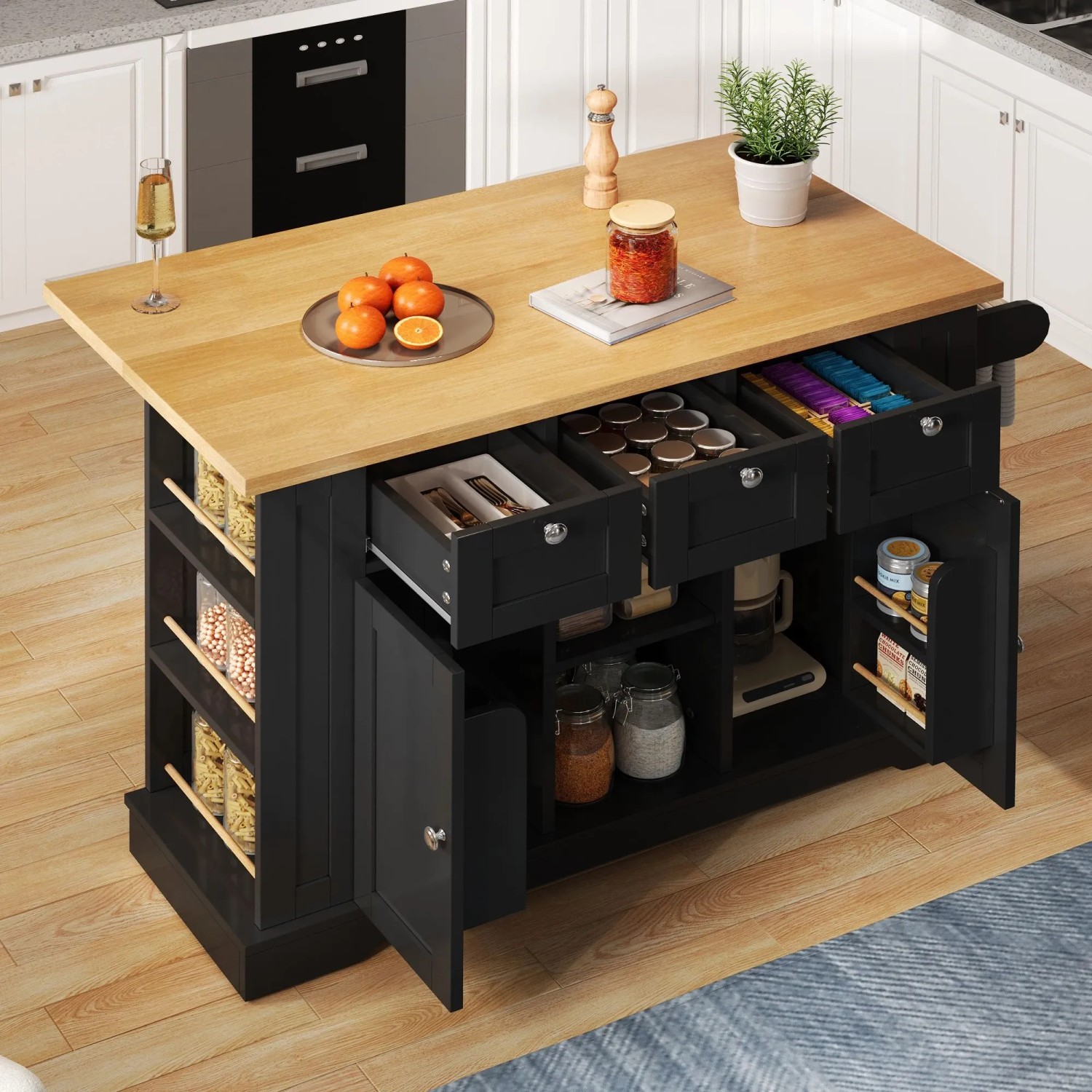 okwish Küchenwagen mit Klappbarer Arbeitsplatte Schublade Gewürzregal 132x40-70x87cm Schwarz_4