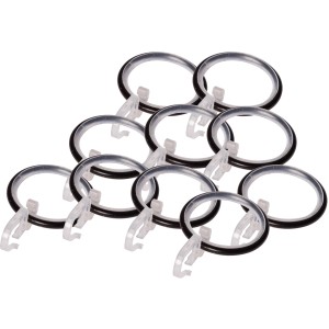 Schwarze Gardinenringe (Ø 19mm) mit Faltenlegehaken für Gardinen und Vorhänge.